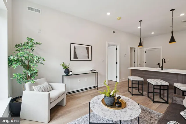 a living room with furniture and a potted plant