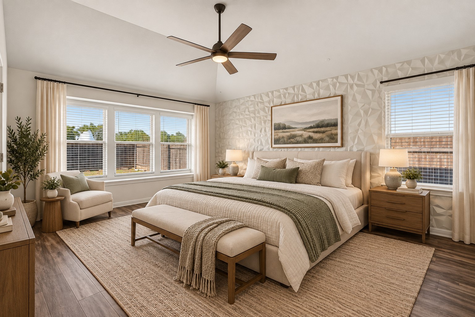 216 Spinnaker Loop Kyle, TX 78640 - Photo 12 of 23 Vaulted ceilings and warm hardwood floors define this peaceful, window-lit primary bedroom suite.