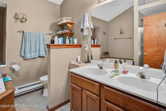 a bathroom with a sink mirror and toilet