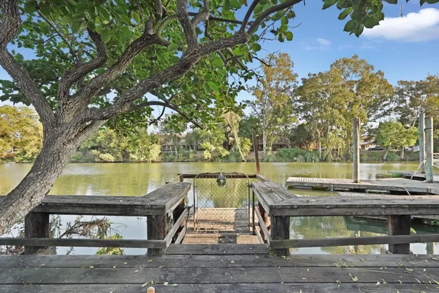 a view of a lake with large trees