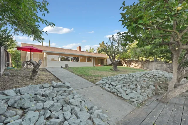 a view of a lake with large trees