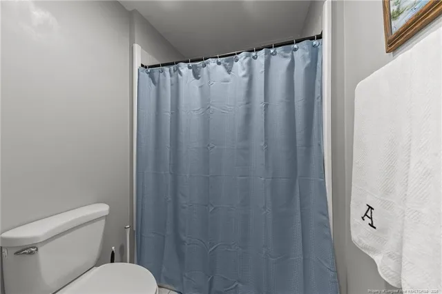 a white toilet sitting next to a shower curtain
