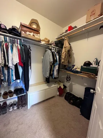 a view of walk in closet with clothes and shoes