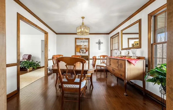 a view of a dining room with furniture window and wooden floor