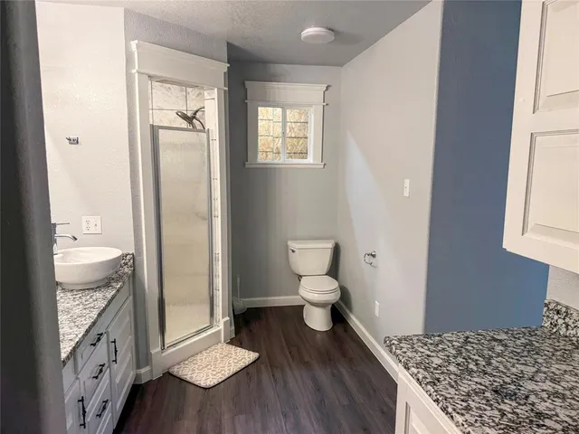 a bathroom with a sink toilet and shower