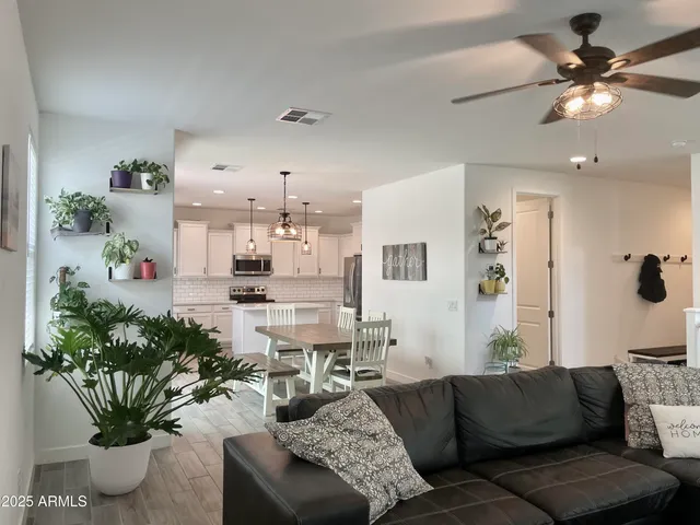 a living room with furniture and a potted plant