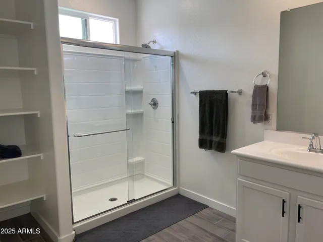 a bathroom with a shower and a sink