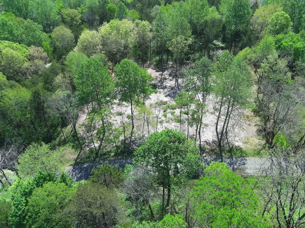 an aerial view of residential house with outdoor space and trees all around