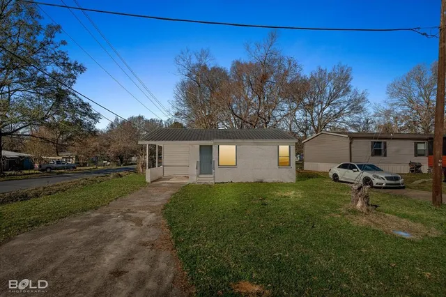 a view of a backyard with a garden and trees