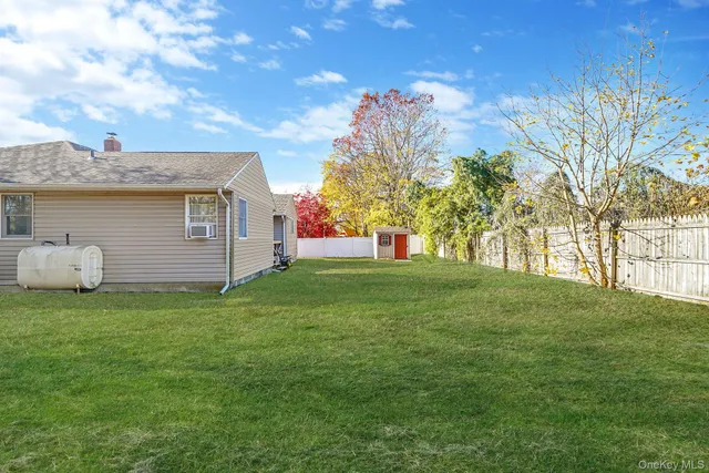 a view of a backyard with large trees