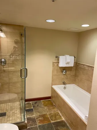 a bathroom with a bathtub and a shower