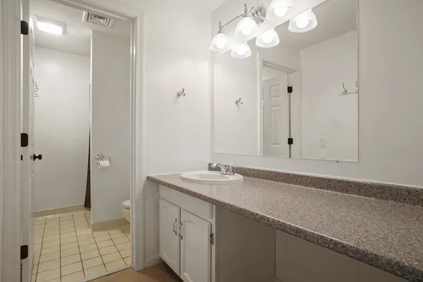 a bathroom with a sink a light fixture and a mirror