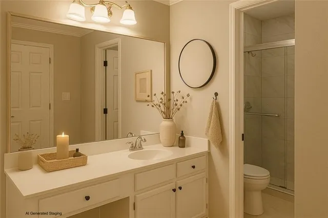 a bathroom with a granite countertop toilet sink and a mirror