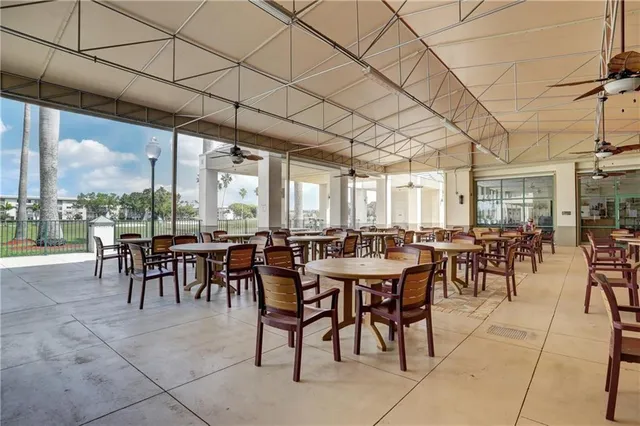 a group of people sitting at tables in a patio