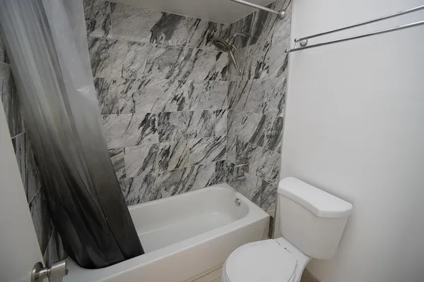 a bathroom with a toilet and a bathtub