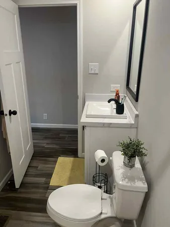 a bathroom with a sink a toilet and a mirror