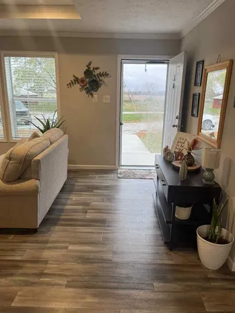 a living room with furniture and a potted plant