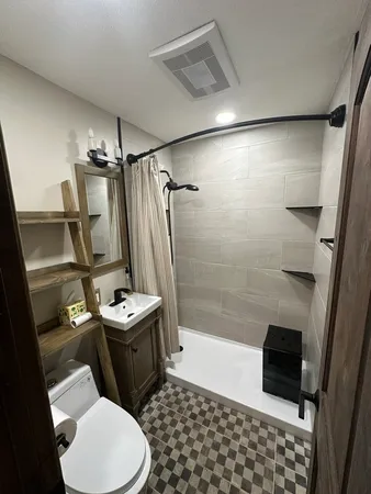 a bathroom with a sink a toilet a mirror and shower