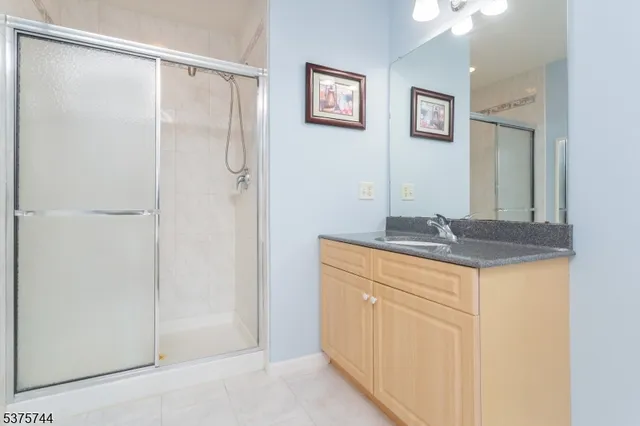 a bathroom with a granite countertop sink mirror and a shower