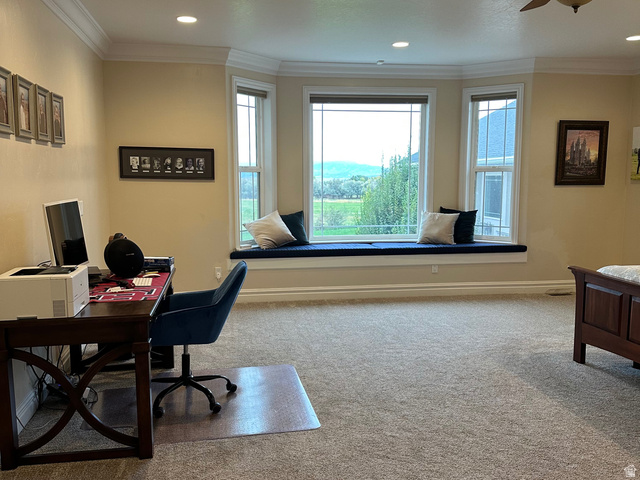3145 South 500 West Vernal, UT 84078 - Photo 55 of 64 Office featuring light carpet, ceiling fan, ornamental molding, and recessed lighting