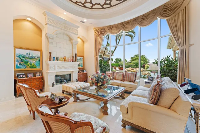 a living room with furniture a fireplace and a potted plant