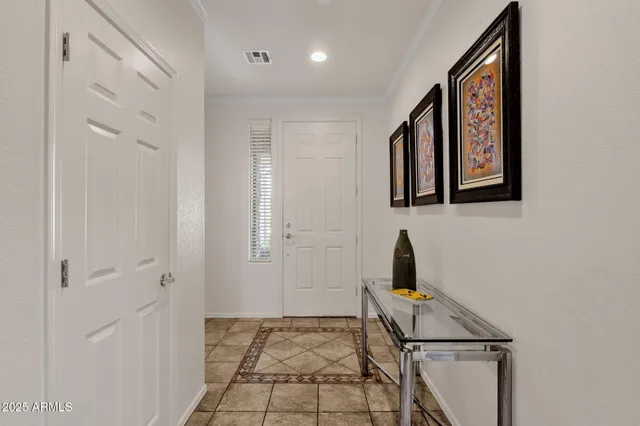 a hallway with a wooden door
