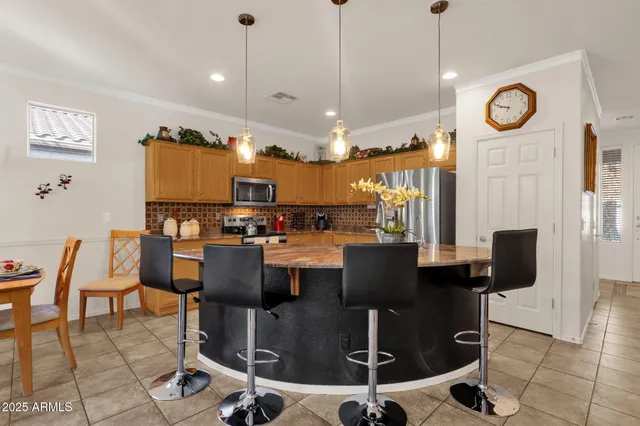 a view of a dining room with furniture