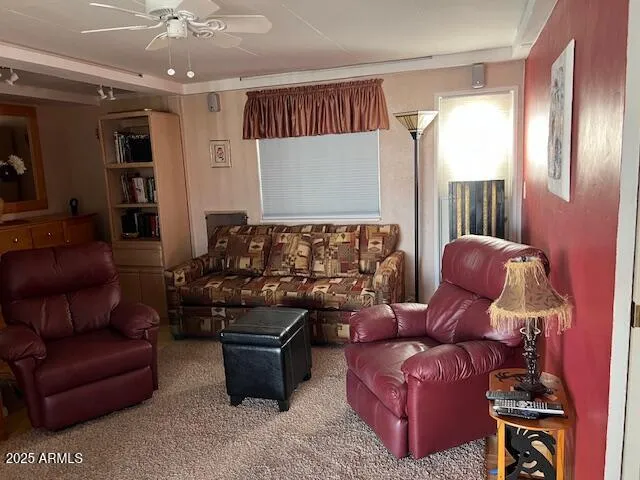 a living room with furniture ceiling fan and a rug