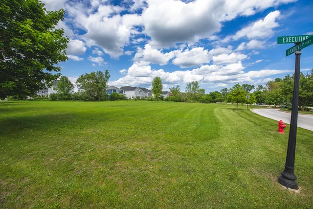a view of grassy field with benches