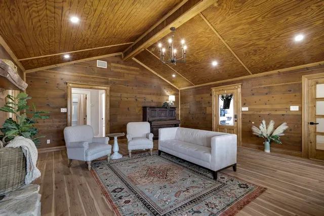 a living room with a fireplace