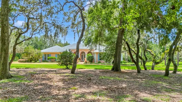 a front view of house with yard and green space