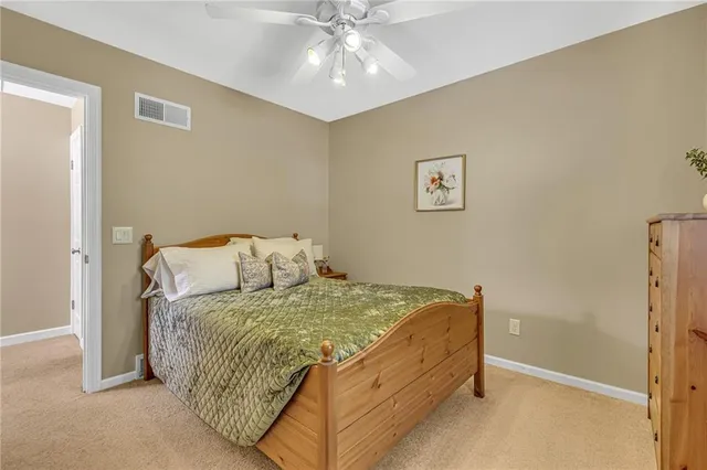 a bedroom with a bed and a ceiling fan