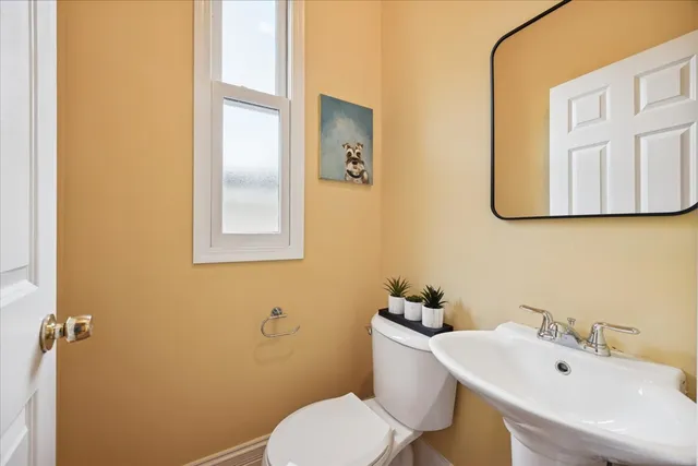 a bathroom with a sink mirror and toilet
