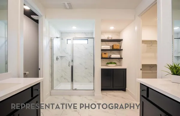 a bathroom with a sink a shower and a mirror