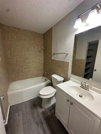 a bathroom with a sink a toilet and bathtub