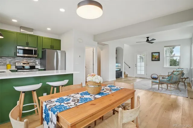 a kitchen with a table chairs stove and refrigerator