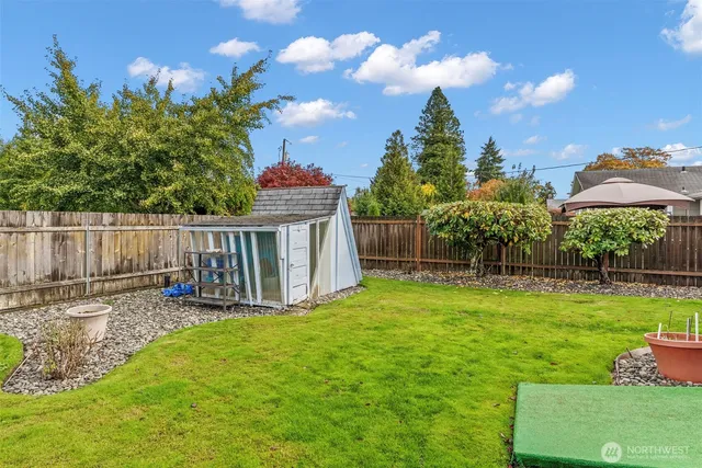 a view of a garden with a slide