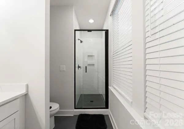 a bathroom with a shower and a toilet