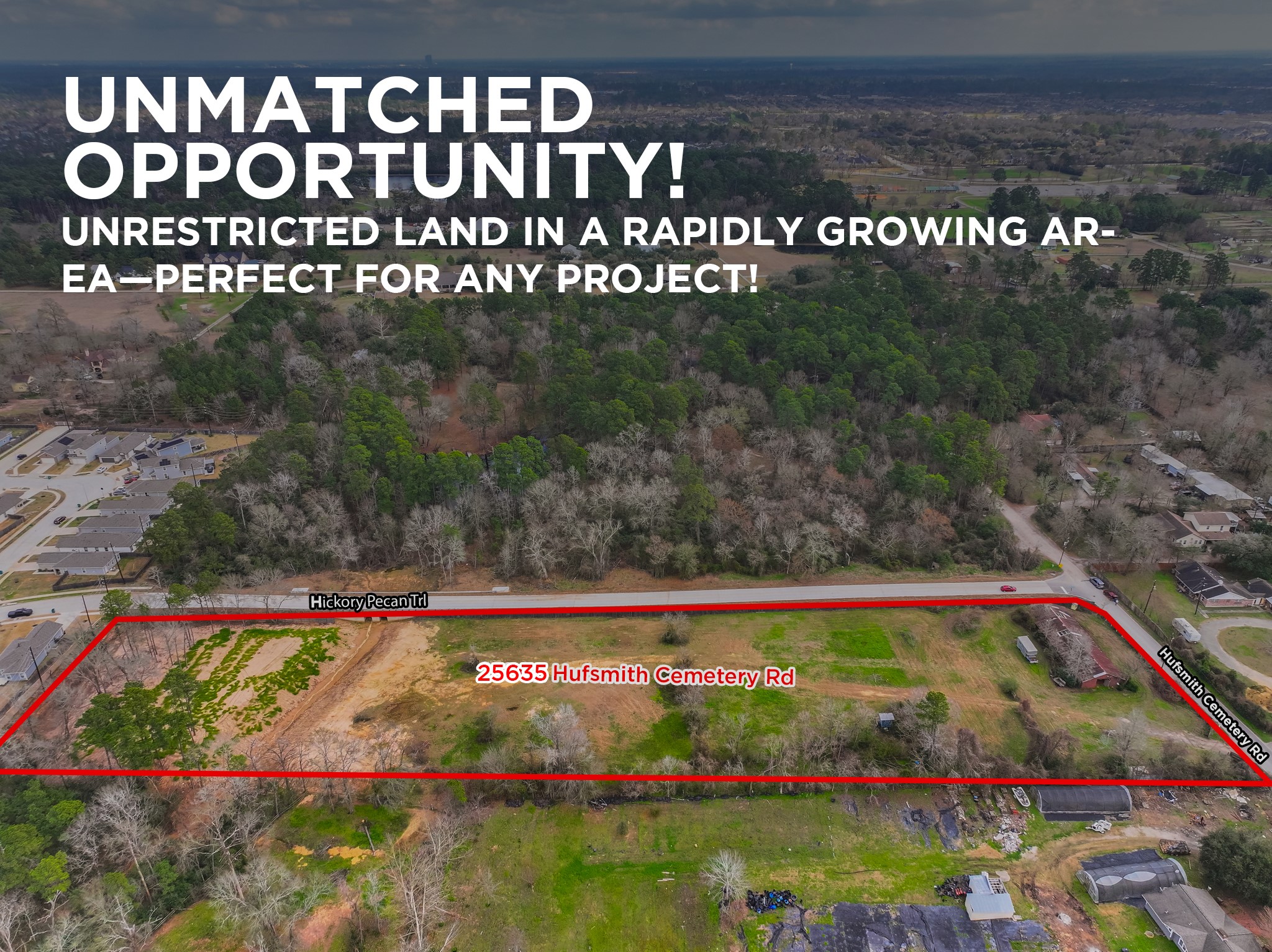 25503 Hufsmith Cemetery Road Tomball, TX 77375 - Photo 4 of 24 Unmatched opportunity awaits at this remarkable 5.44-acre Tomball corner lot — unrestricted land perfectly positioned in one of Greater Houston's fastest-expanding corridors, ready for any residential, commercial, or mixed-use project the right investor or developer can bring to life on this exceptional property.