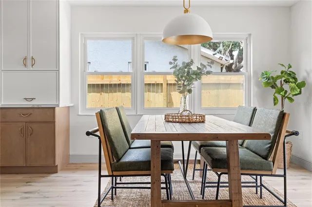 a view of a dining room with furniture window and outside view
