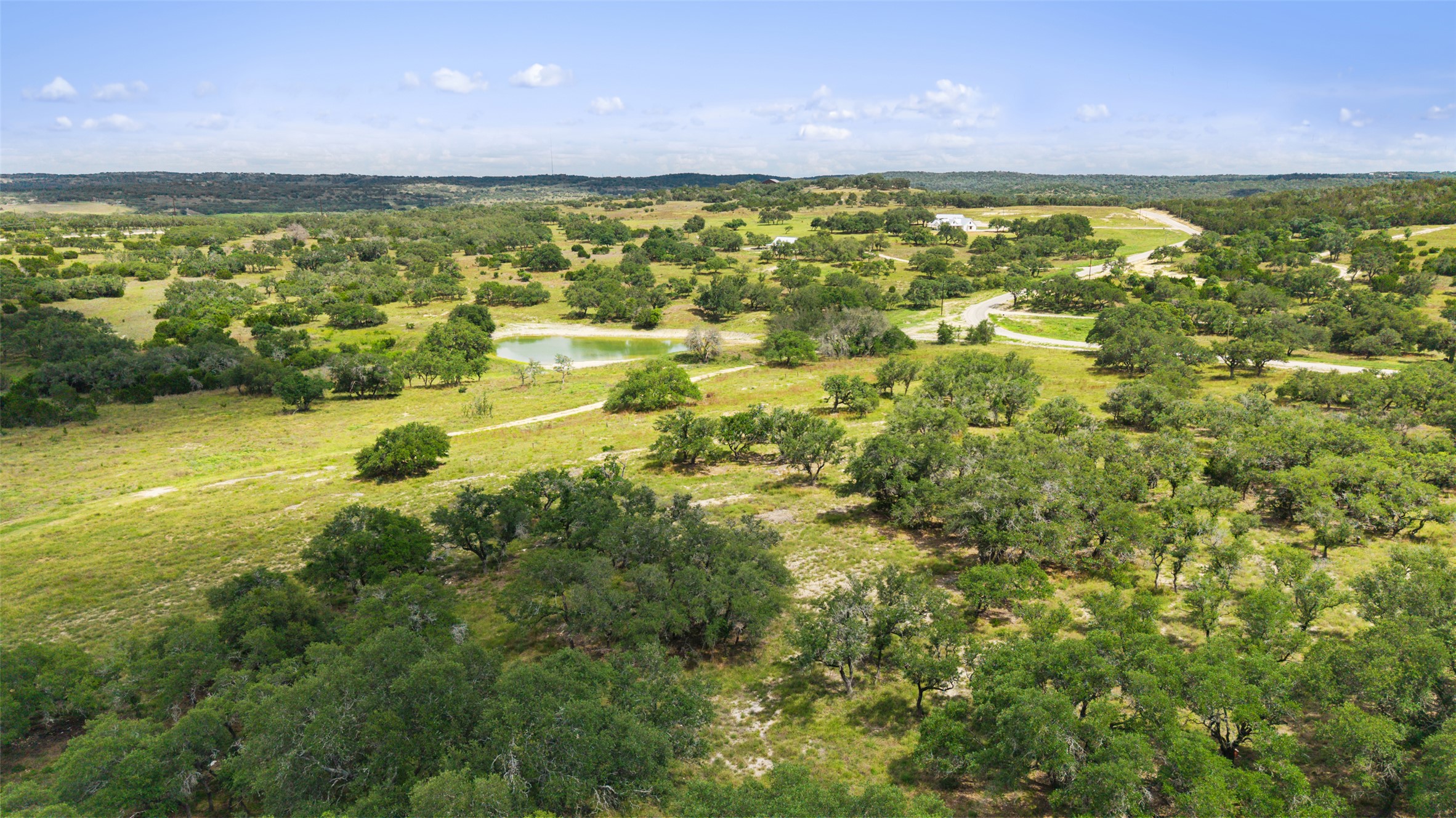 4112 Schumann Road Stonewall, TX 78671 - Photo 2 of 10 Vast natural landscape with scattered trees, verdant grass, and a serene pond perfect for tranquil living.