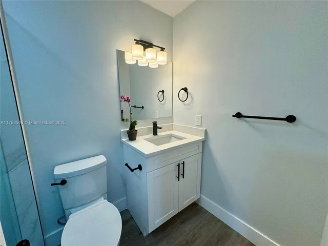 a bathroom with a sink mirror vanity and toilet