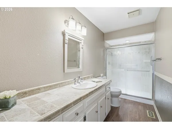 a view of a park with large trees