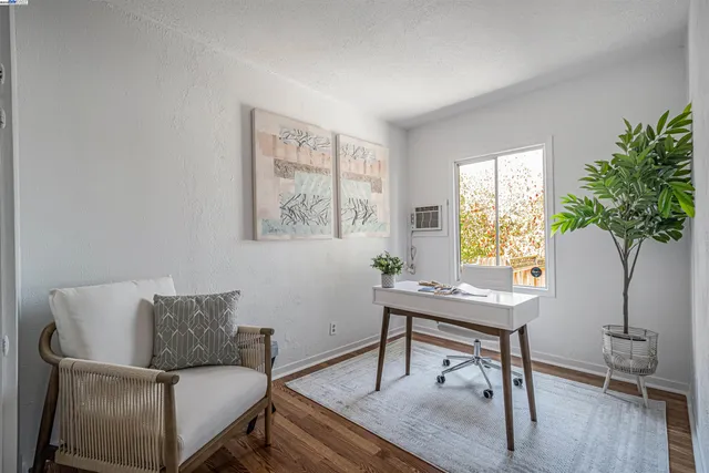 a living room with furniture and a potted plant