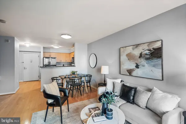 a view of a dining room with furniture