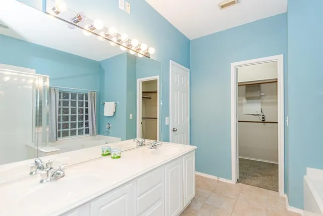 a bathroom with a sink vanity and a mirror