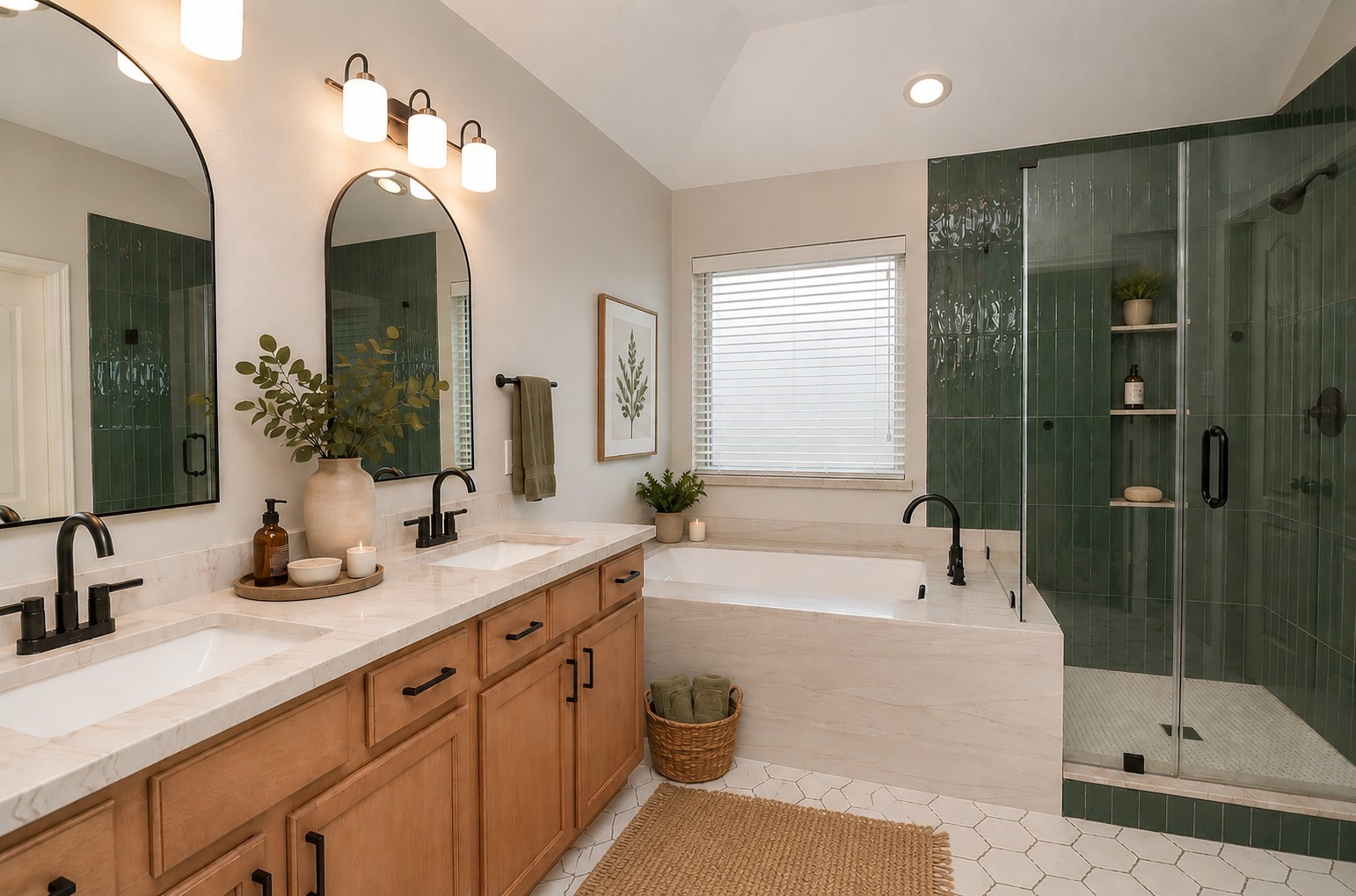 9222 Sorrell Hollow Lane Rosenberg, TX 77469 - Photo 13 of 24 Retreat to the luxurious primary suite featuring a spa-like bath with dual vanities, quartz countertops, a soaking tub, and an oversized designer-tiled shower. Two walk-in closets, including one with custom built-ins, offer exceptional storage.
