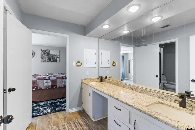 a bathroom with a sink and a mirror