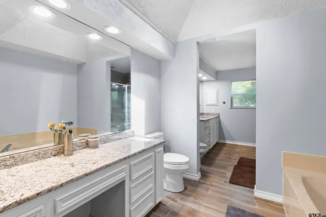 a spacious bathroom with a granite countertop sink and a mirror