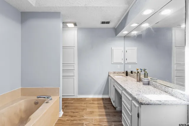 a bathroom with a granite countertop sink and a bathtub